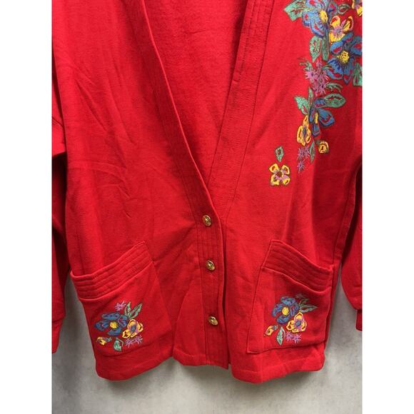 Vintage Linda Lori Floral Painted Cottage Red O/S Cardigan Sweater Rare - Picture 4 of 10